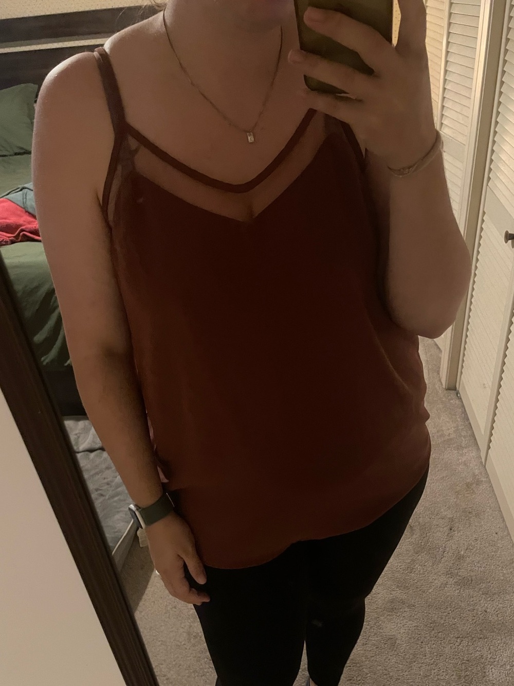 Womens Rust Brown Mesh-Trim Cami Tank Top